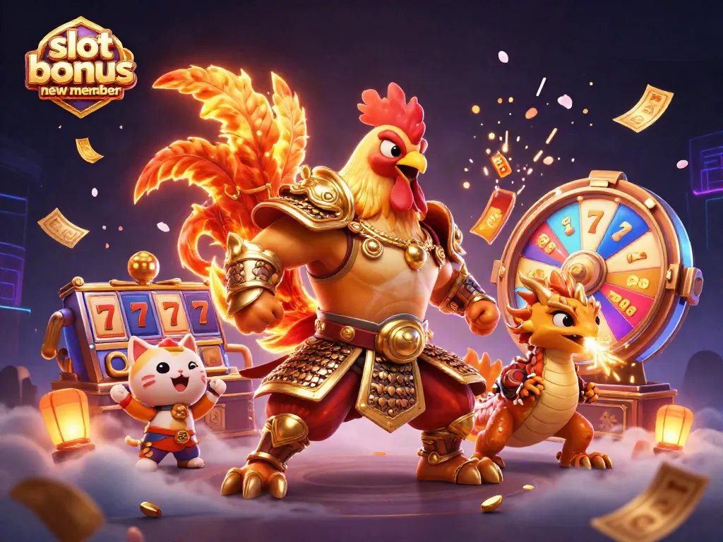Engage with slot bonus new member in an exciting 3D casino scene featuring animated rooster and dragon characters.