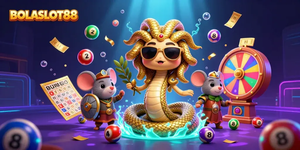 BOLASLOT88 showcases colorful lottery excitement with Medusa and a warrior mouse in a vibrant casino setting.