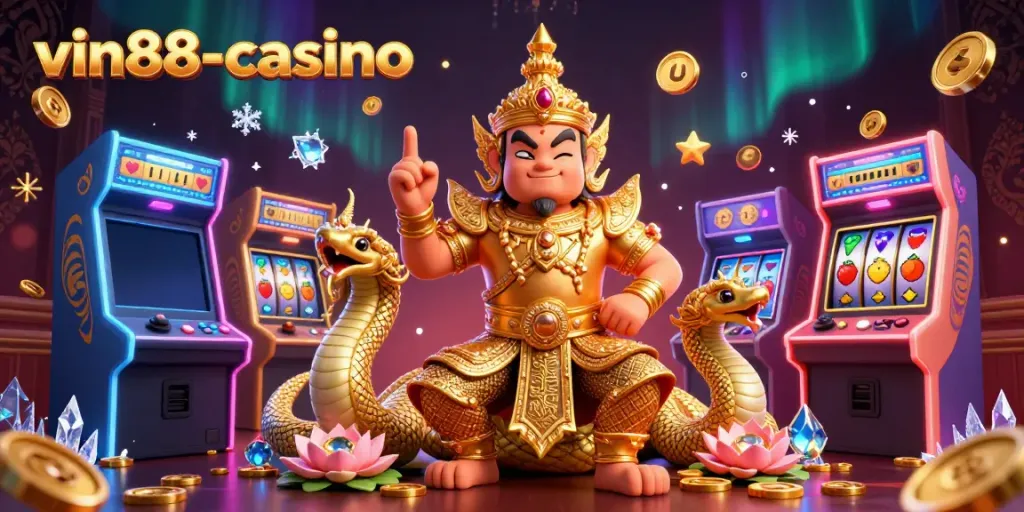 Engage with vin88-casino's vibrant 3D casino illustration highlighting game excitement and rewards.