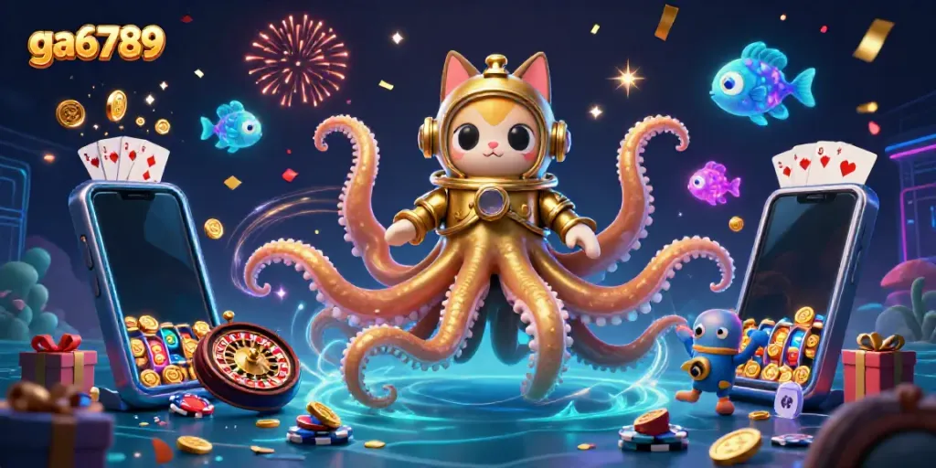 Enjoy thrilling gaming action with ga6789 in this vibrant fantasy casino scene featuring colorful characters and casino elements.