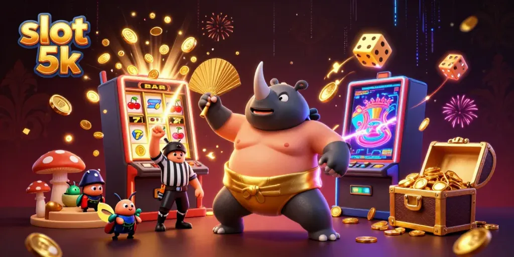 Experience thrilling action in the slot 5k scene with a sumo beetle champion and exciting casino elements.