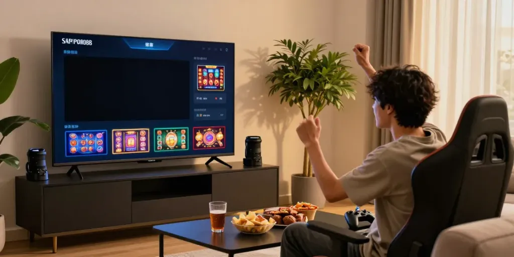 SAPPORO88 gaming experience in a modern living room with dynamic interface.