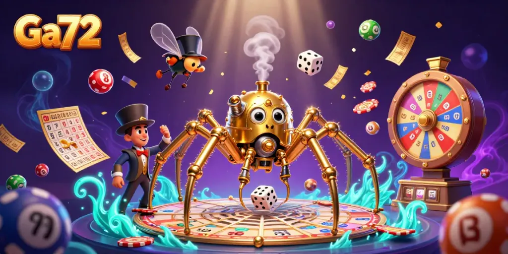 Ga72 showcases a lively gambling scene with a golden spider and amusing gentleman interacting among lottery balls and vibrant game elements.