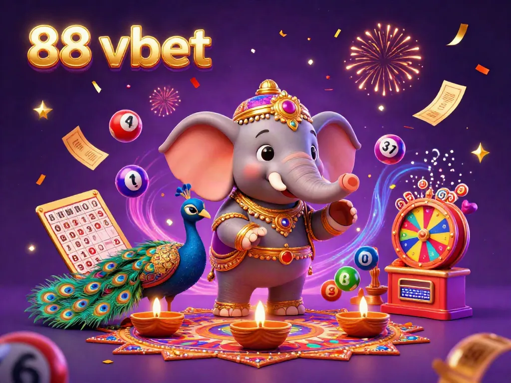 Play exciting games at 88 vbet with dynamic 3D illustration of a casino scene featuring colorful lottery balls and festive characters.