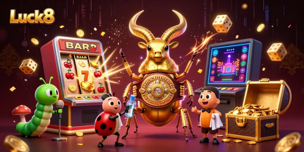 Experience the thrilling world of Luck8 with vibrant casino-themed illustrations of games and characters.