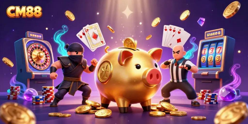 Experience thrilling action with CM88's golden piggy bank and ninja characters amidst cascading coins.