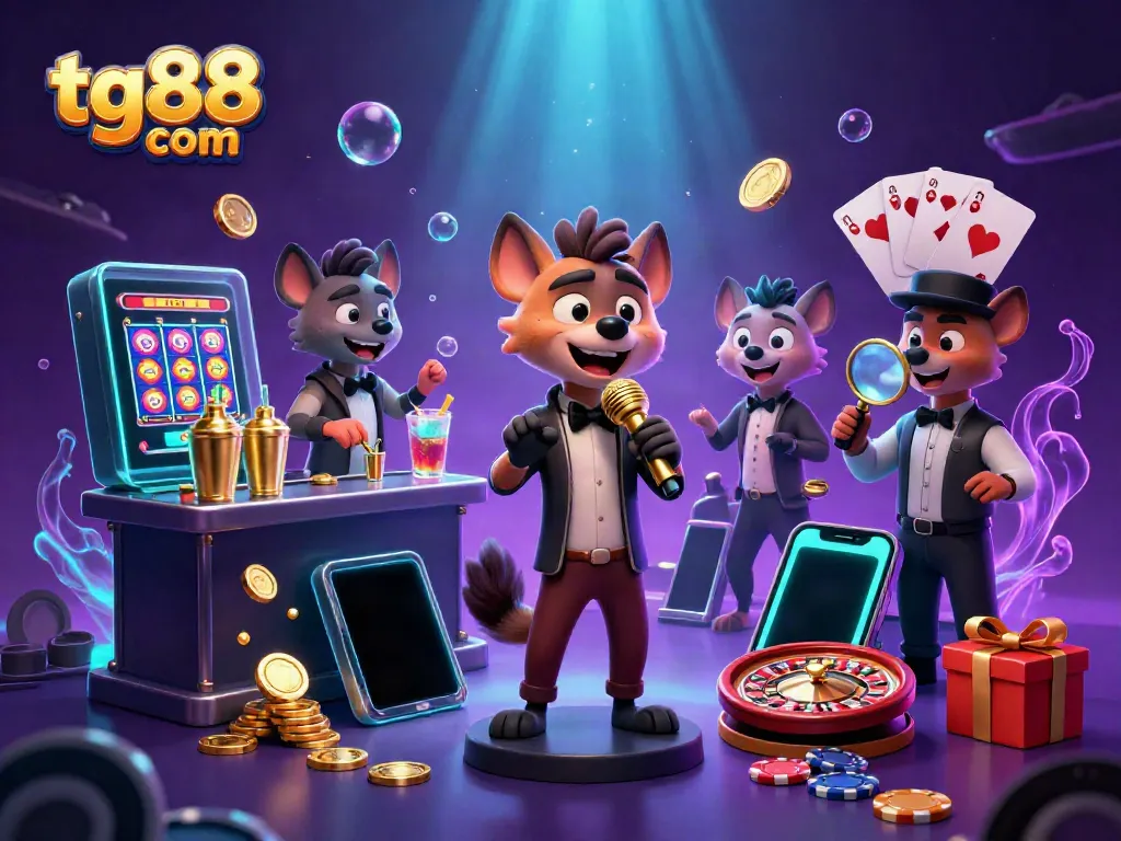 Engage with tg88 com's thrilling casino gaming atmosphere featuring lively hyena characters and exciting slot games.