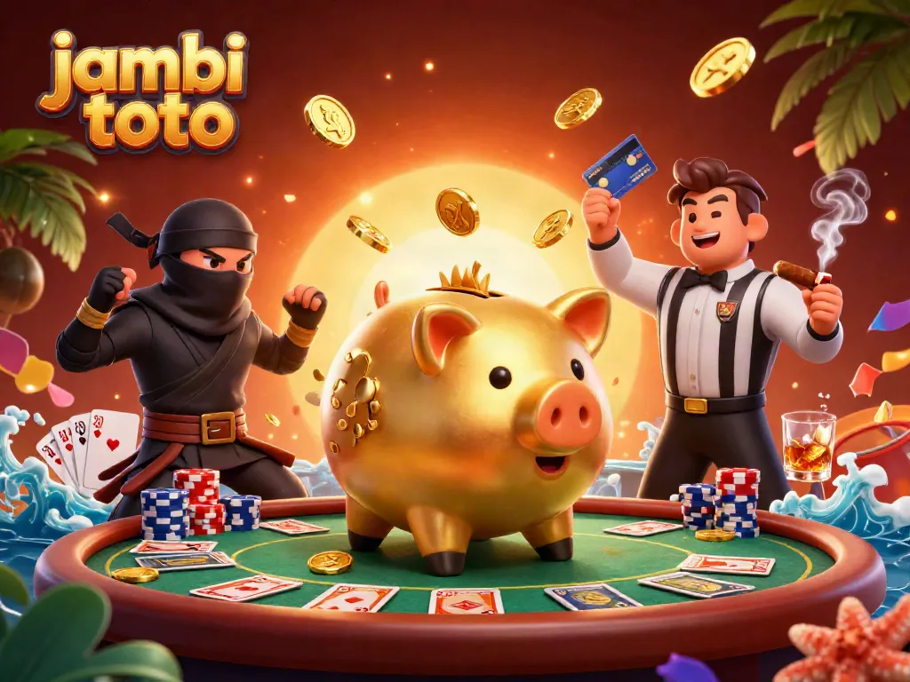 Experience thrilling gameplay with jambi toto featuring a golden piggy bank sumo wrestler amidst vibrant poker elements.