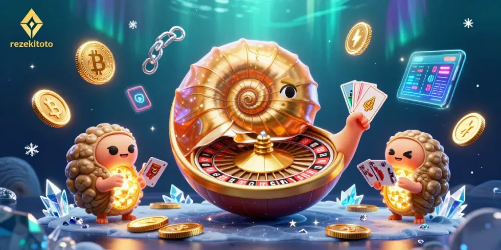 Experience the thrill of rezekitoto with a vibrant scene of a nautilus roulette wheel and digital crypto elements.