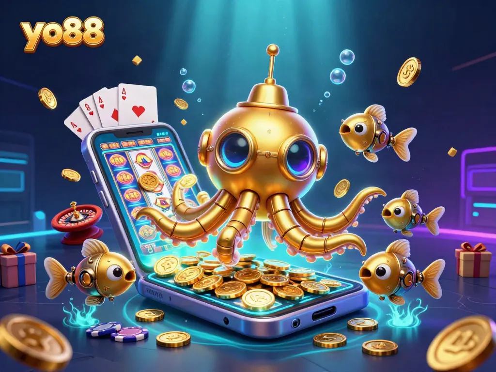 yo88 showcases an exciting casino scene with a golden kraken submarine and slot games