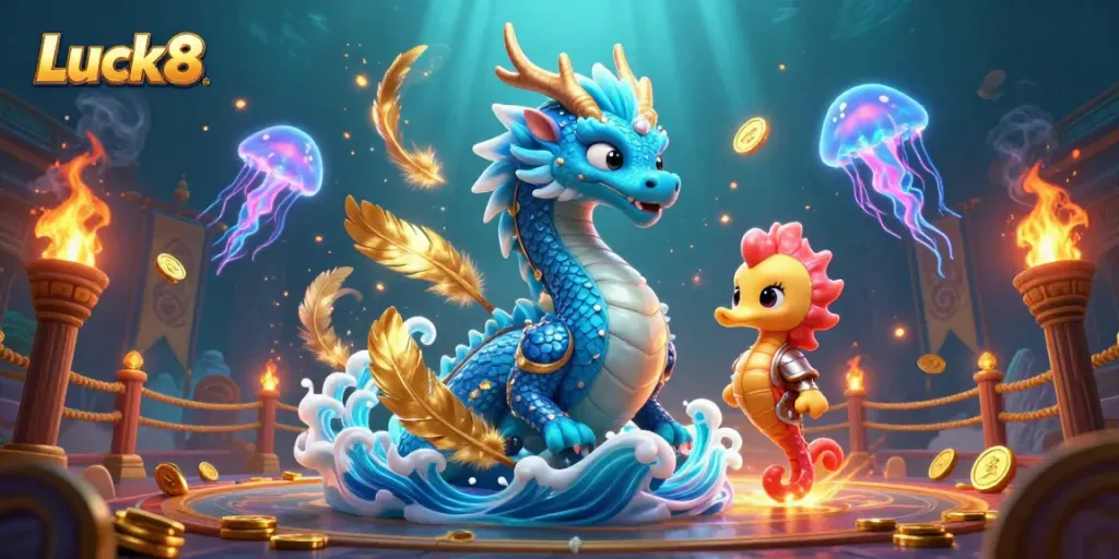 Experience the thrill at Luck8 with stunning visuals of an azure dragon and glowing jellyfish.