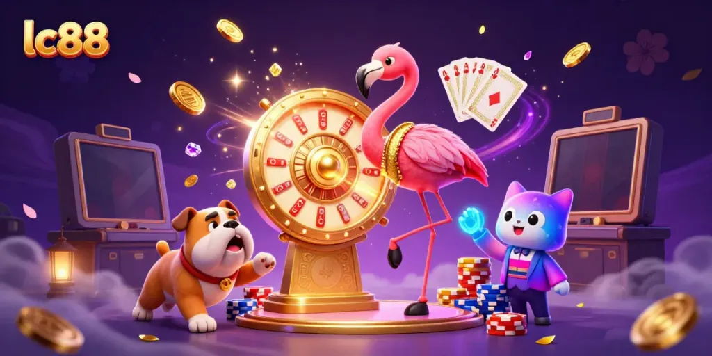 Win big with lc88 at an exciting digital casino showcase featuring vibrant characters and game elements.