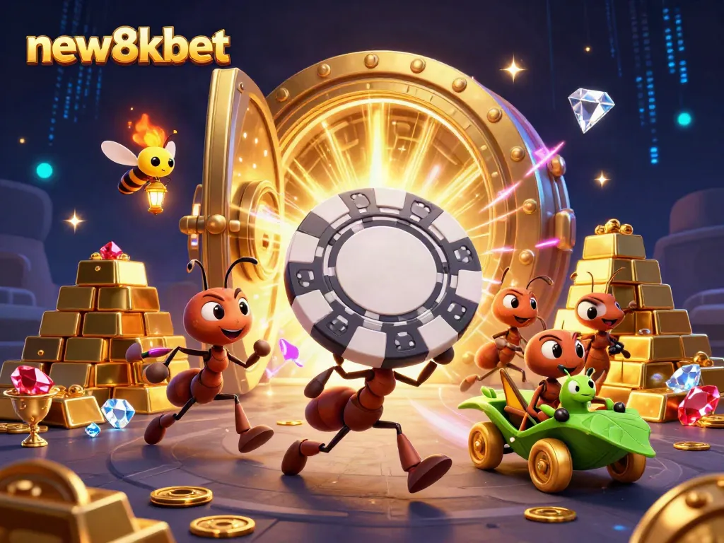 Experience thrills at new8kbet with cartoon ants in a heist scene featuring giant poker chips.
