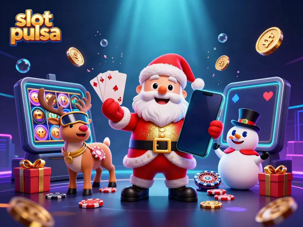 Experience thrilling slot pulsa action with Santa, reindeer, and snowman in a vibrant casino scene