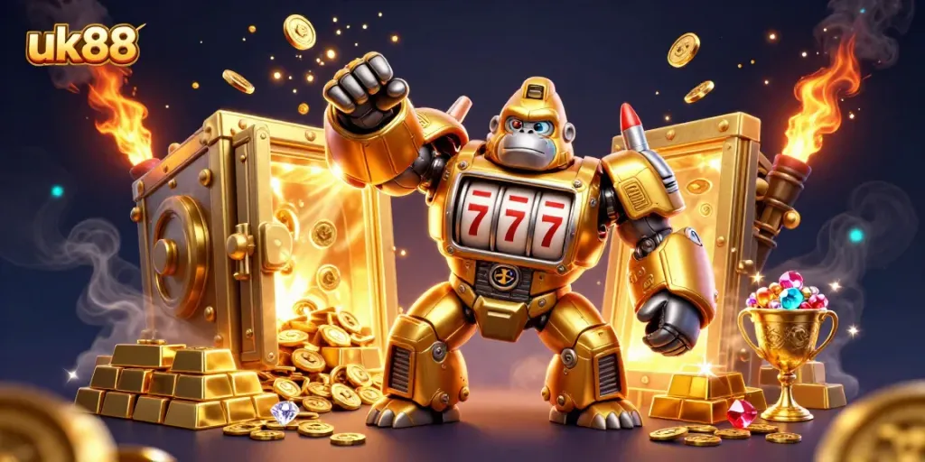 Experience thrilling wins with uk88's slot-themed 3D illustration, showcasing dynamic casino elements.