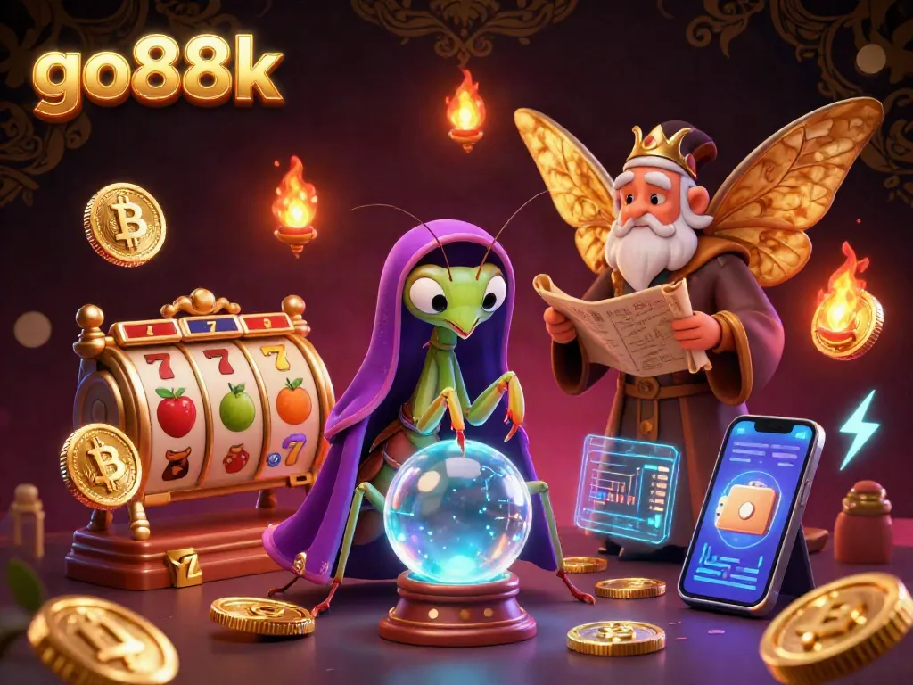 Engage with go88k through this vibrant illustration featuring slot reels and crypto elements.