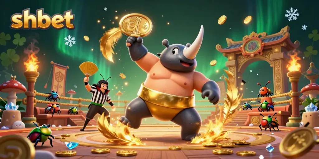 Experience thrilling online gaming with shbet as our cartoon beetle champion triumphs amidst gold coins and cheering spectators.