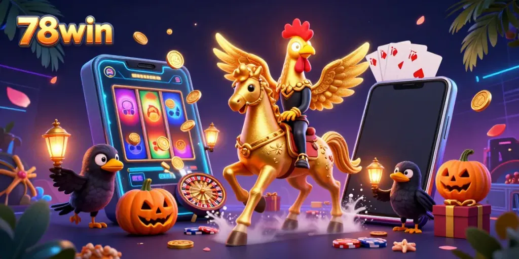 Experience thrilling gaming action with the vibrant 78win casino scene, featuring a golden rooster and slot games.
