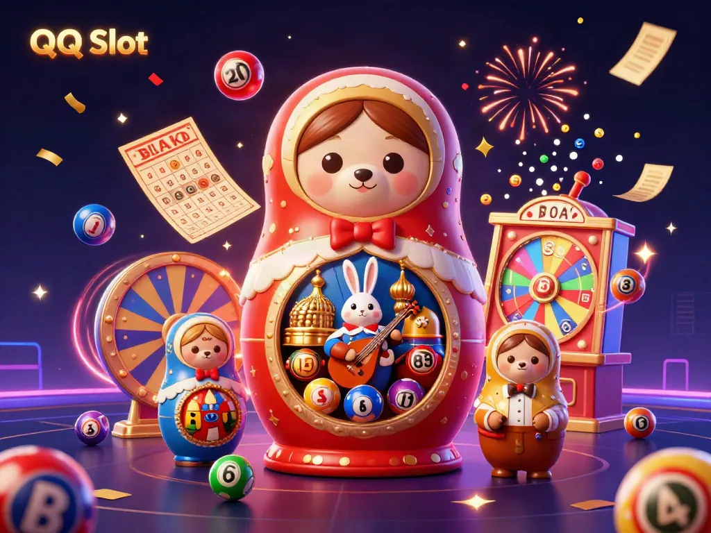Engage with QQ Slot as the dynamic scene showcases a Matryoshka bear and casino-themed elements like lottery balls and confetti.