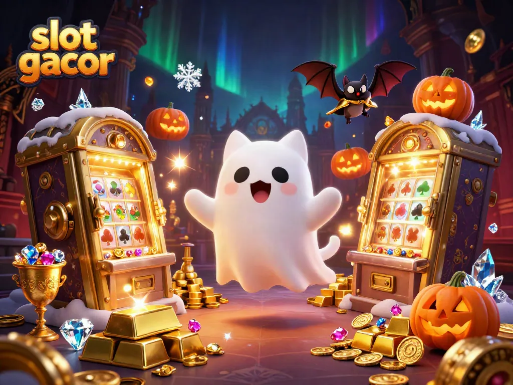Spin winning slots with vibrant ghost cat and vampire bat in a festive casino scene featuring slot gacor.