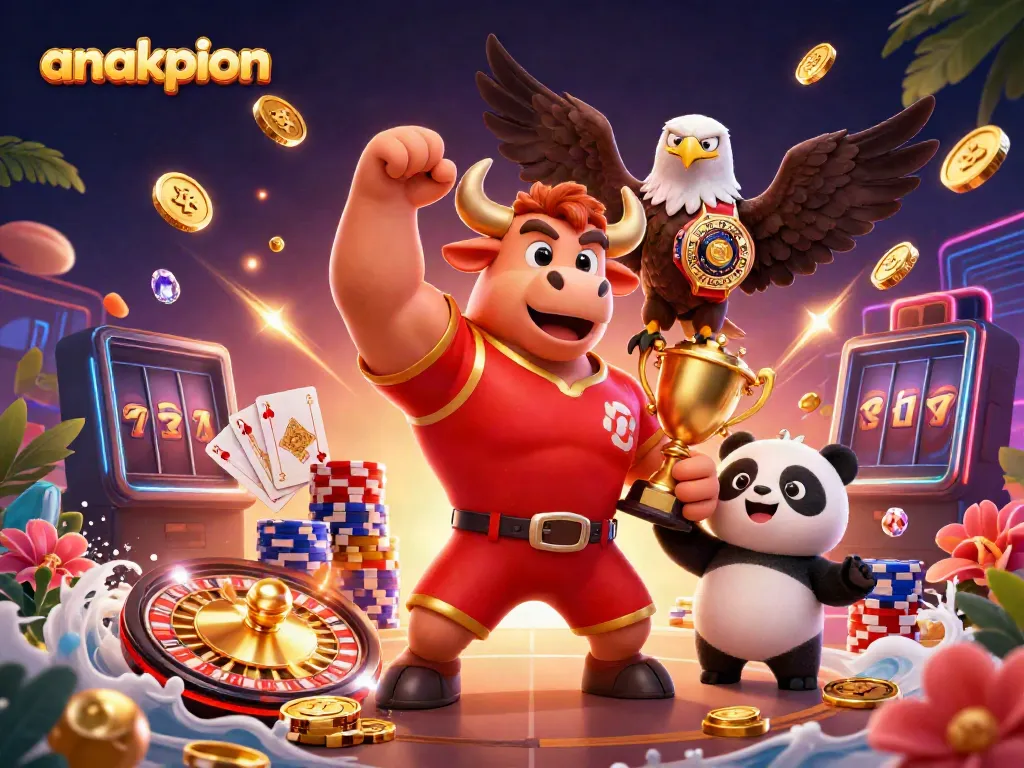 An engaging illustration of anakpion featuring a muscular bull mascot and eagle champion among golden coins and casino games.