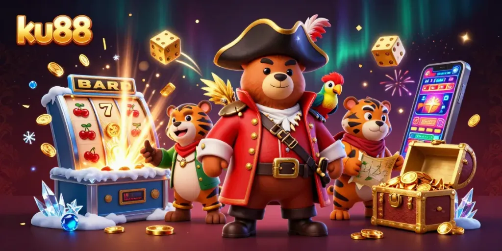 Experience the thrill of ku88 with a vibrant casino scene featuring characters, slot machines, and treasure.