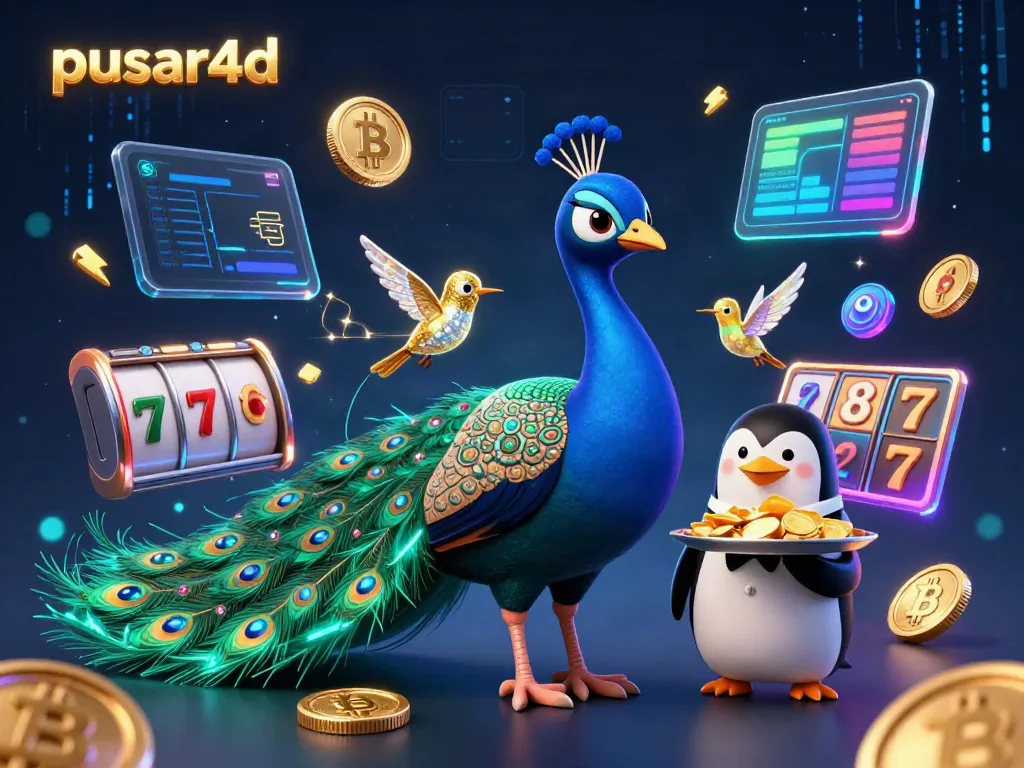 Engage with pusar4d's vibrant gaming scene featuring a majestic peacock and a butler penguin amidst crypto elements.