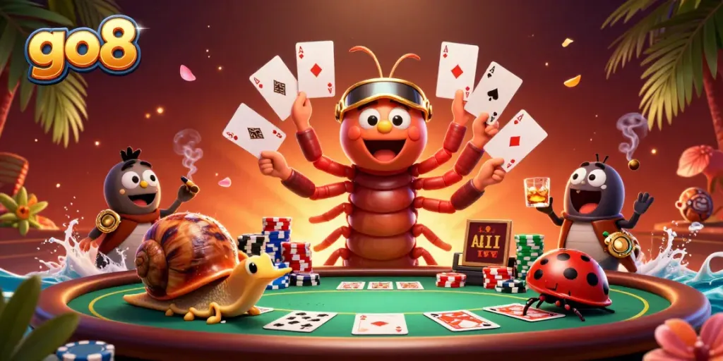 Engage with go8's thrilling card game scene featuring a cartoon millipede dealer and high-roller snail.