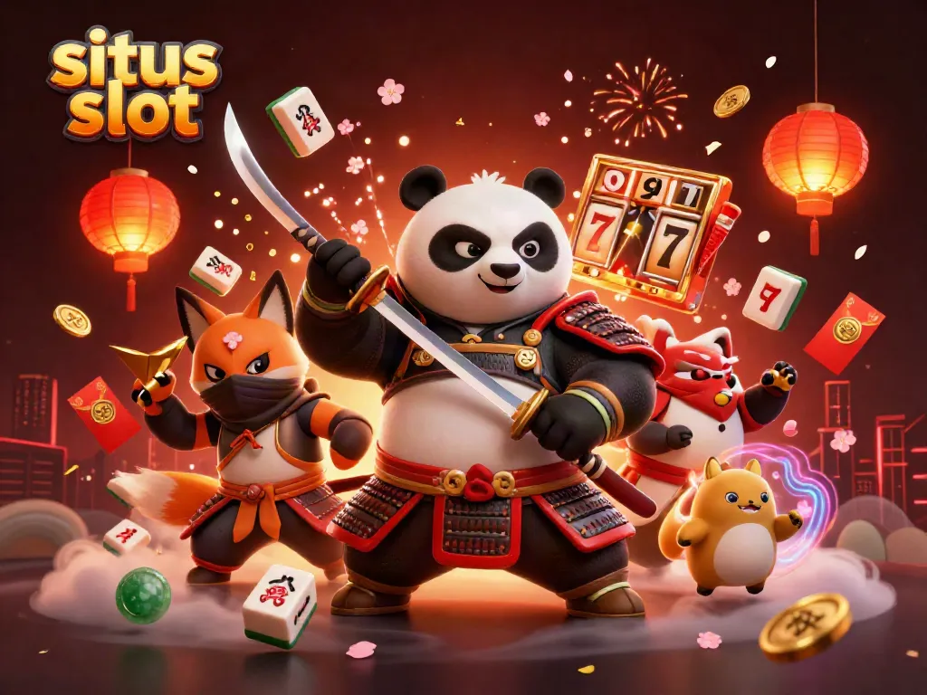 Engage with the vibrant energy of situs slot gaming featuring a samurai panda, a ninja fox, and a magical spirit tanuki.