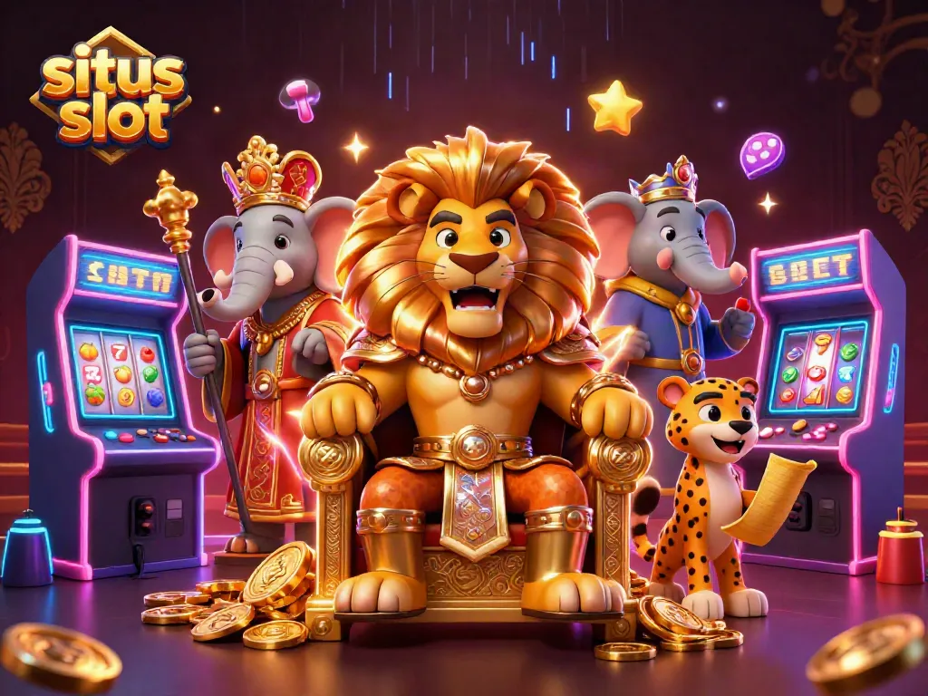 Win big with situs slot in this dynamic 3D casino scene featuring vibrant game elements.