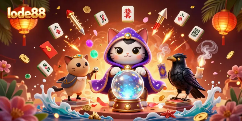Engage in the exciting world of lode88 with a mystical cat and raven surrounded by vibrant casino elements.
