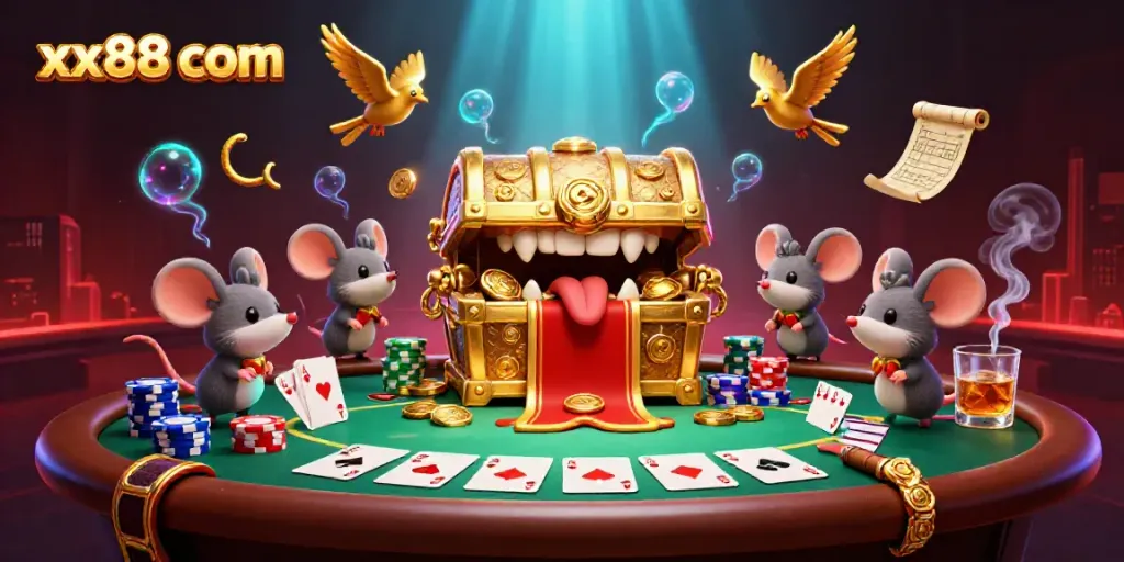Engage with the vibrant world of xx88 com, showcasing a treasure chest and poker excitement.
