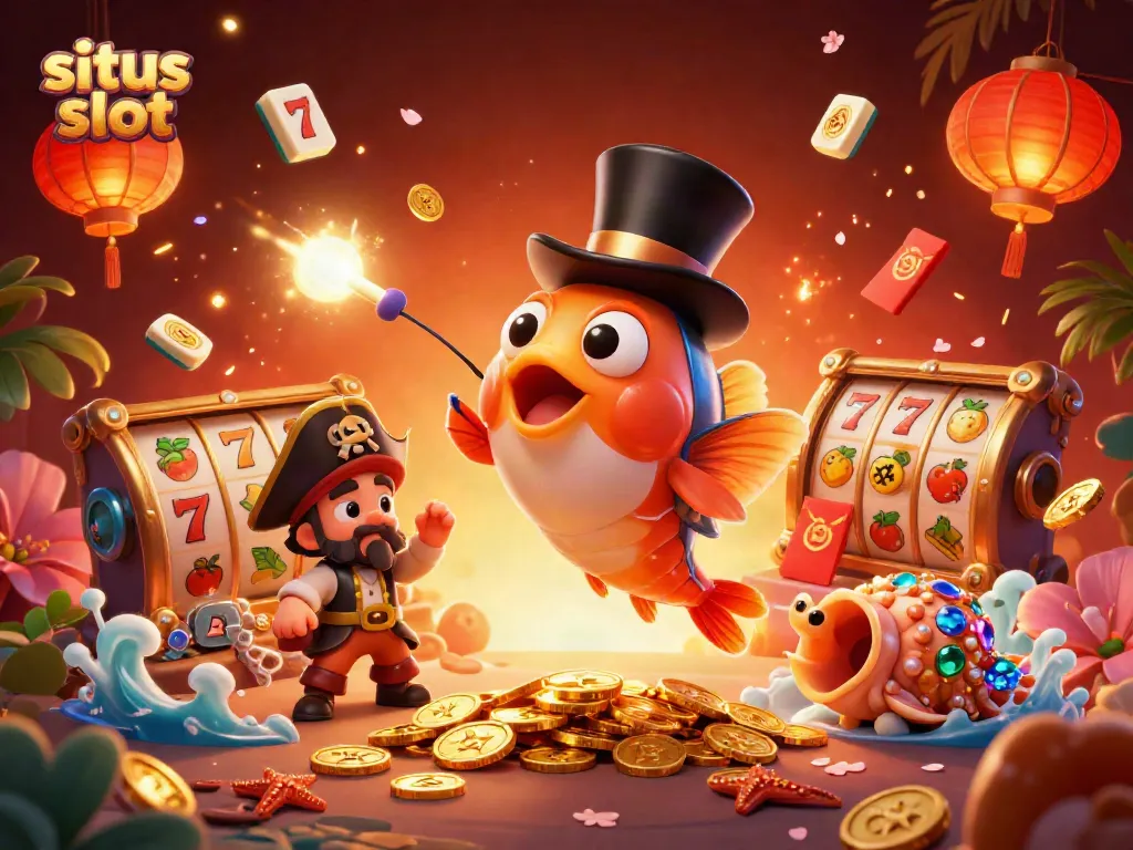 Engage with situs slot magic, featuring a vibrant anglerfish, pirate shrimp, and gem snail in a lively casino scene.