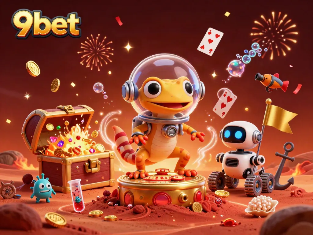 Experience the excitement of 9bet with a Martian gecko discovering a casino among riches and cheering aliens.