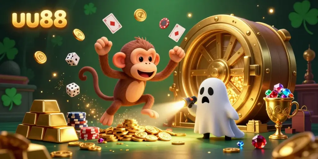 Juggle and win with the playful uu88 ghost-hunter puppy and poltergeist monkey in a vibrant casino.
