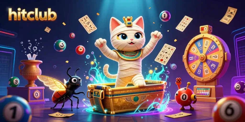 Experience thrilling games at hitclub with the fortune-seeking mummy cat bursting from a golden sarcophagus.