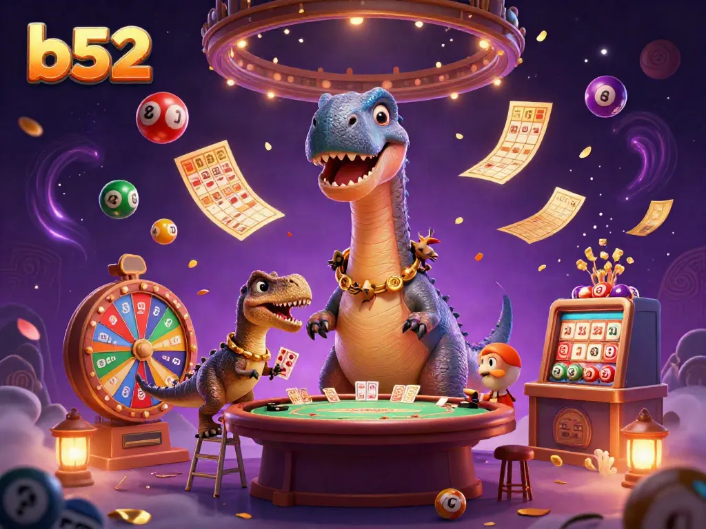 Experience captivating b52 gameplay with a towering brontosaurus at a vibrant casino table.