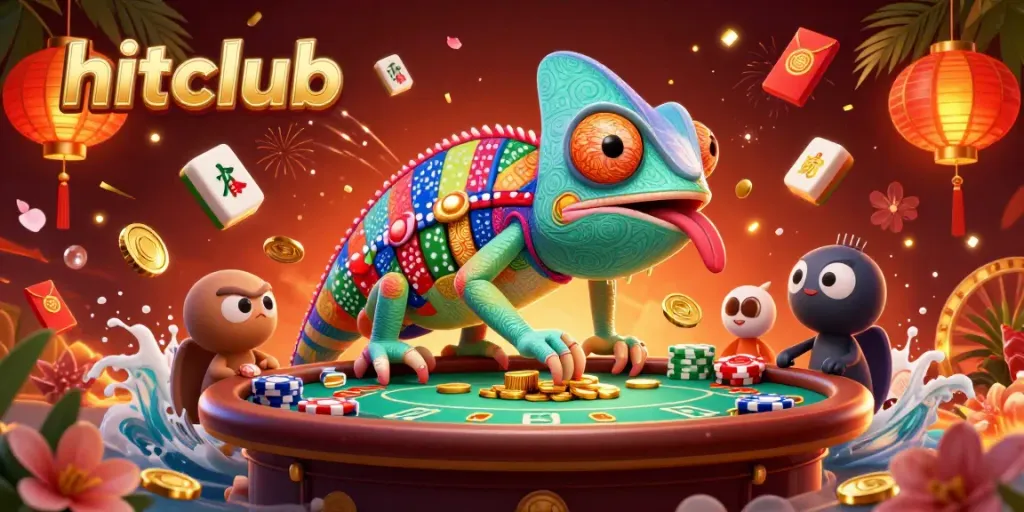 Engage with hitclub's vibrant gaming scene featuring a dynamic chameleon casino owner and golden rewards.