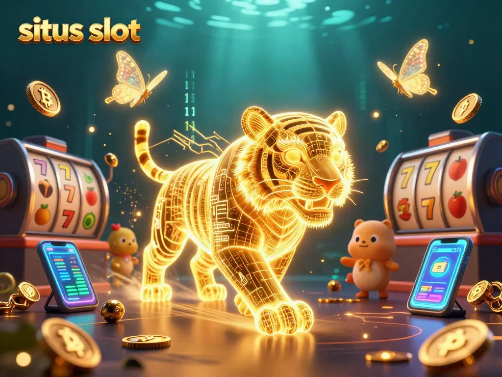 Bermain situs slot dengan gumpalan 3D koin Bitcoin dan efek cahaya di latar belakang kasino digital.