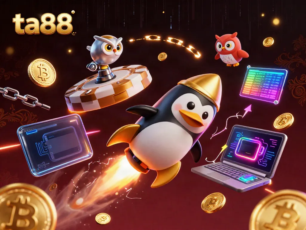 Experience the dynamic gambling universe with ta88's golden penguin racing towards a casino, surrounded by crypto coins.