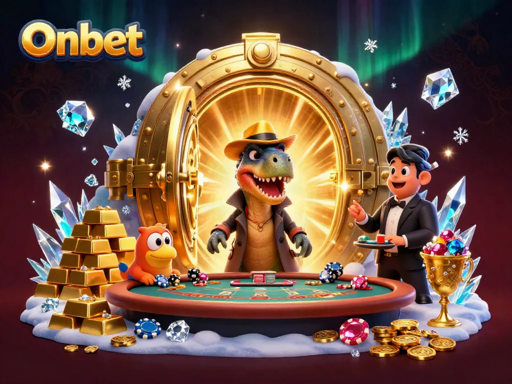 Onbet cartoon velociraptor card counter at a blackjack table, interactive gaming scene with treasure elements.