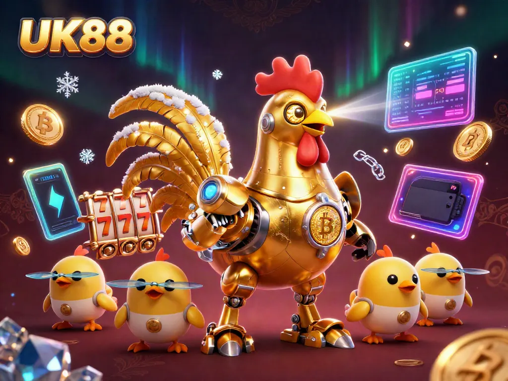 Engage with UK88's dynamic gaming scene featuring a golden robot rooster and buzzing baby chick drones.