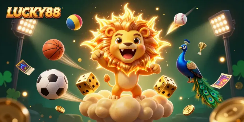Experience the thrill of LUCKY88 with vibrant 3D illustration of casino excitement, featuring dynamic characters and game elements.