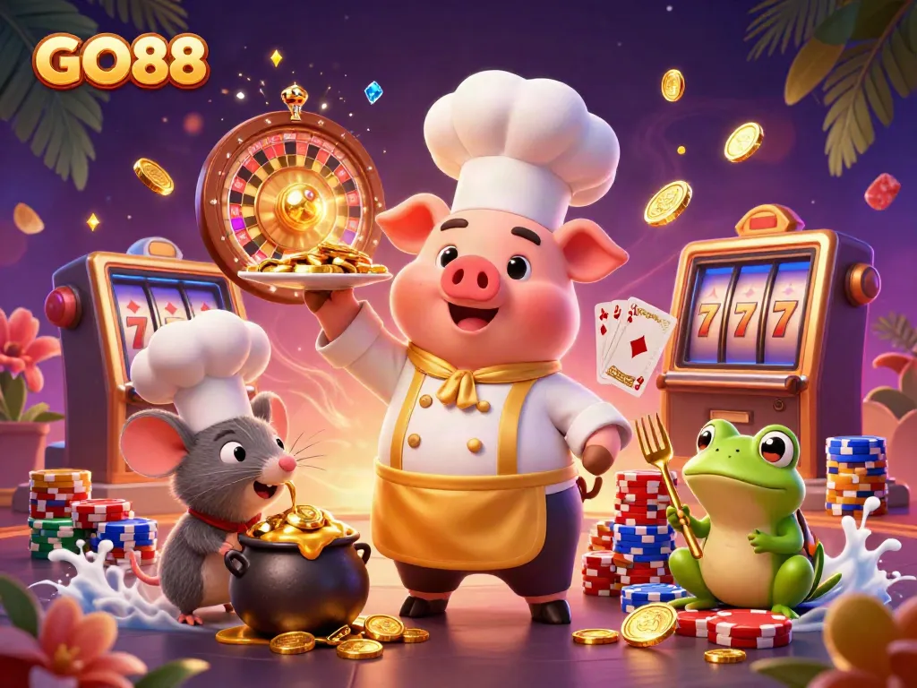 Experience vibrant GO88 casino gaming with gold coins, roulette, and lively characters.