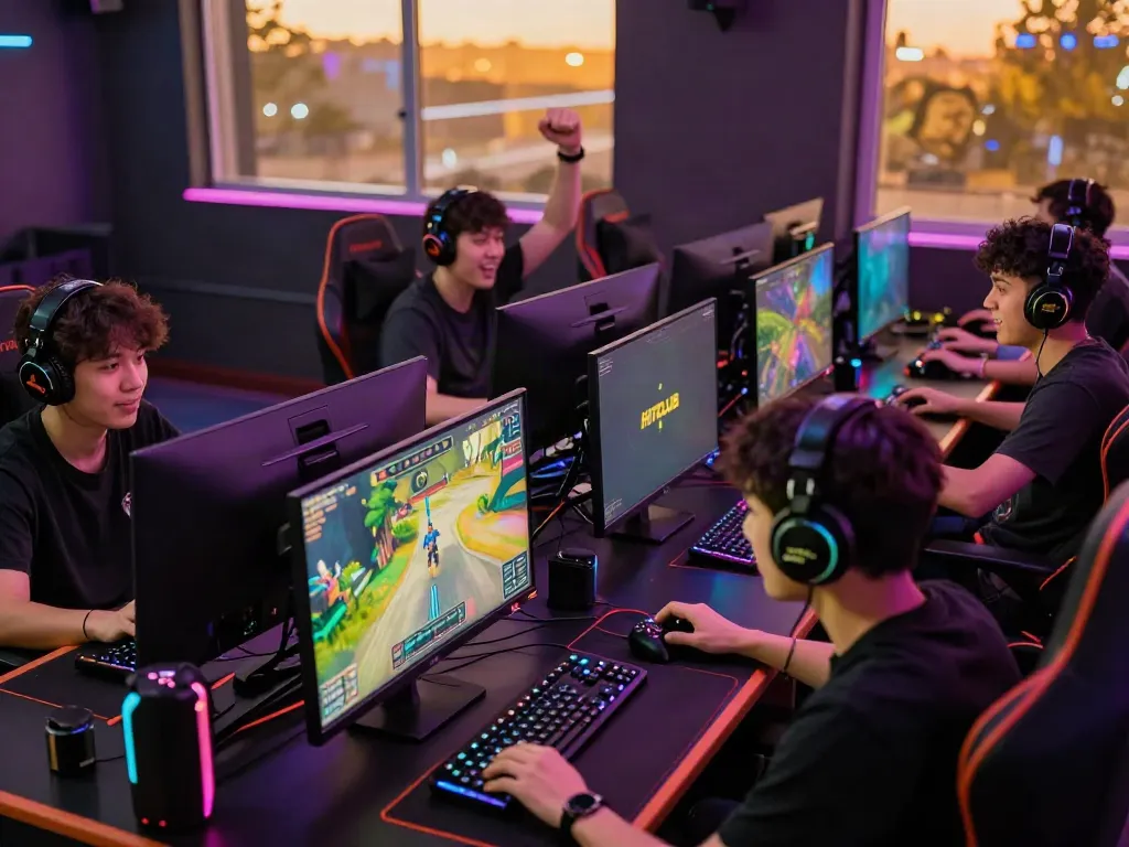 Engaged gamers in a vibrant HITCLUB gaming setup showcasing competitive spirit.