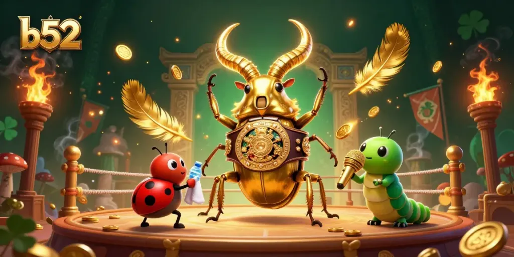 B52 epic casino battle illustration featuring a golden stag beetle and ladybug corner-man amidst swirling golden tokens.