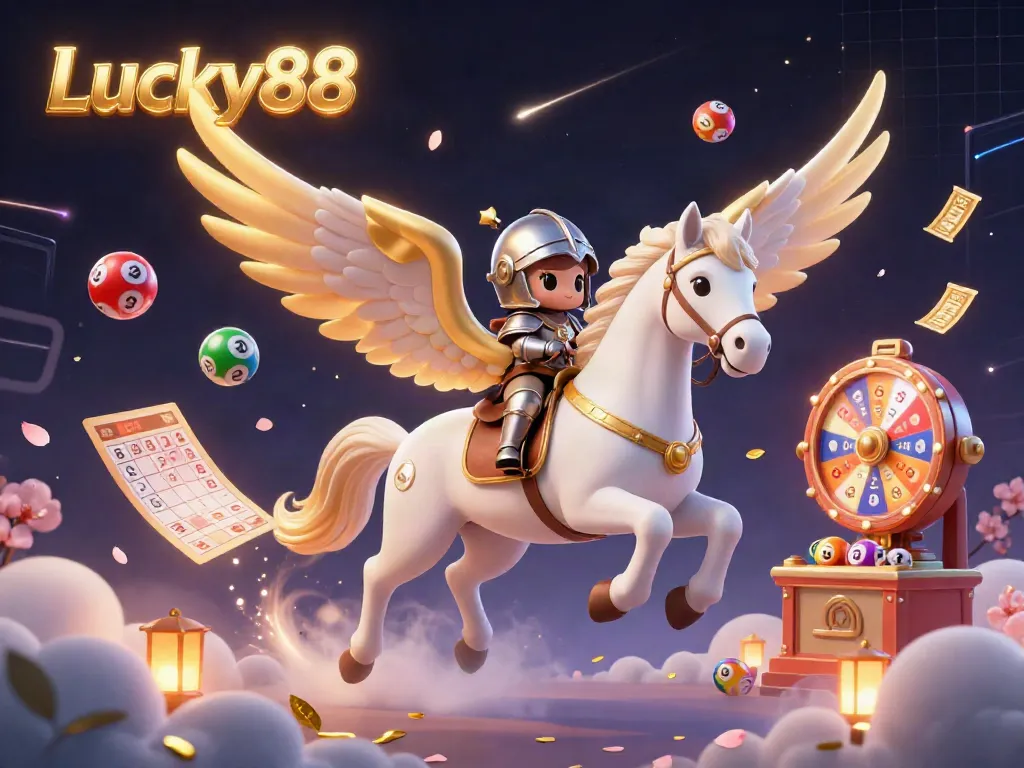 Experience the vibrant excitement of Lucky88 with lottery elements and a magical knight on a celestial horse in a dynamic casino scene.
