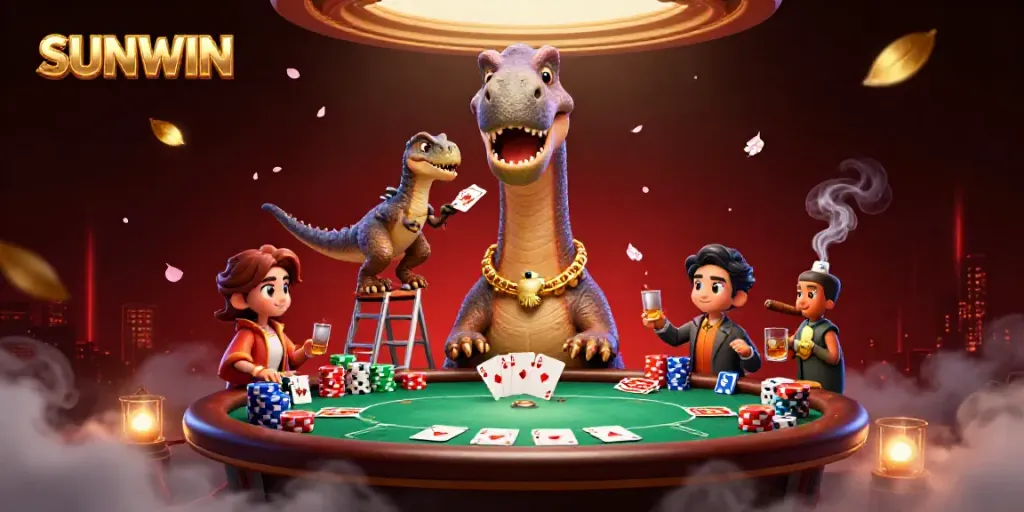 SUNWIN showcased in a dynamic casino scene featuring a brontosaurus and raptor amidst poker excitement.