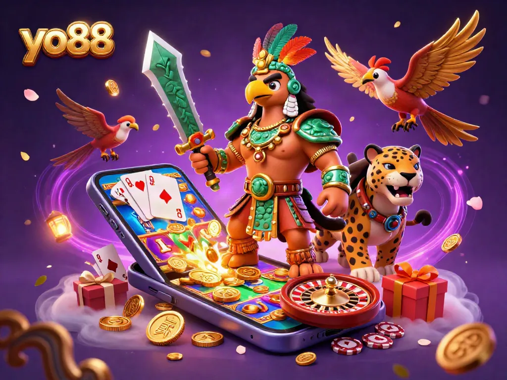 Spin colorful slot games with yo88 featuring an Aztec warrior and a lively casino atmosphere.