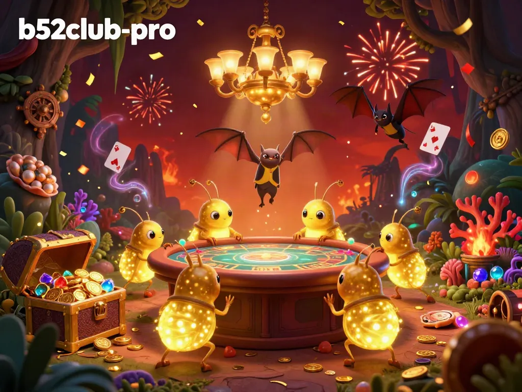 Spin to win at b52club-pro with vibrant glowworms lighting up a lively casino scene.